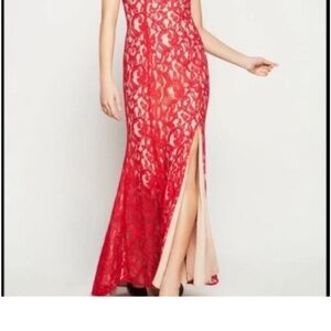 BCBG FORMAL RED/nude lace long gown